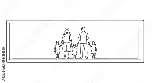 Minimalist continuous line art drawing of a cohesive family with three children in a clean frame