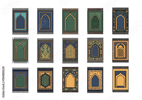 Collection of Islamic Prayer Mat Icons - Sajadah and Seccade Vector Illustration with Geometric Patterns and Mihrab Designs on White Background
