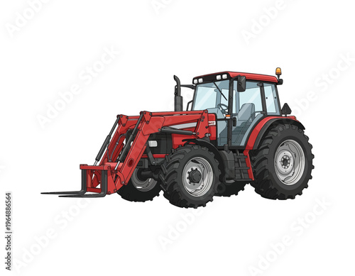 A realistic illustration of a powerful red tractor with a front-end loader, perfect for agricultural, industrial, and construction use