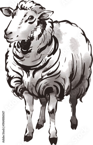 年賀2027　手描きの羊の水墨画、墨絵、水彩、未年の年賀状素材　イラスト　デザイン　アート