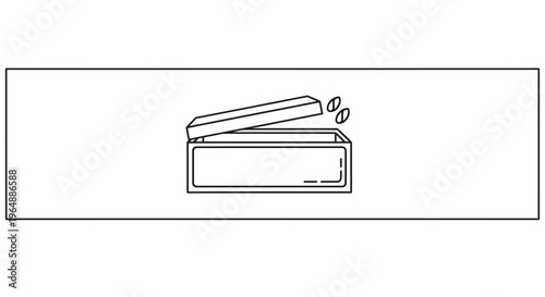 Minimalist line art depicting an open rectangular container with a lid ajar and two small oval