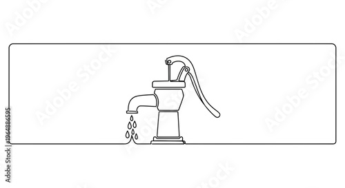 Continuous line drawing of a traditional water hand pump with dripping water illustrating manual