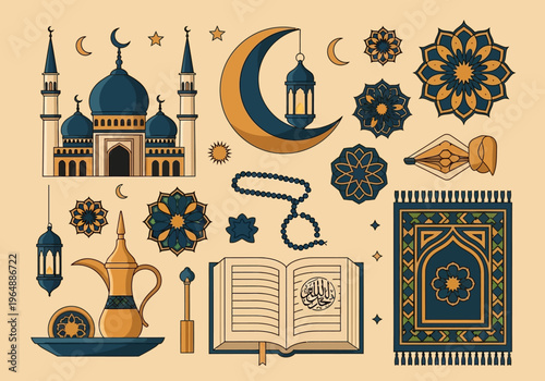 Islamic Ramadan and Eid Mubarak Icon Set with Mosque, Holy Quran, Lantern, Crescent Moon, and Prayer Rug Illustrations