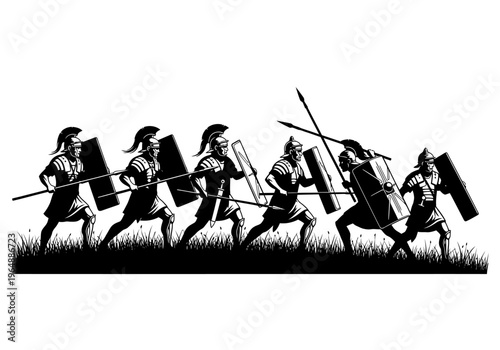 Roman Legionary Soldiers Charging into Battle Vector Illustration - Ancient Roman Army Infantry in Formation with Shields and Spears