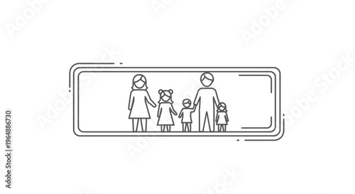 Minimalist line icon depicting a complete happy family unit with parents and three young children