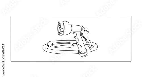 Minimalist line art illustration of a garden hose nozzle and coiled watering equipment for outdoor