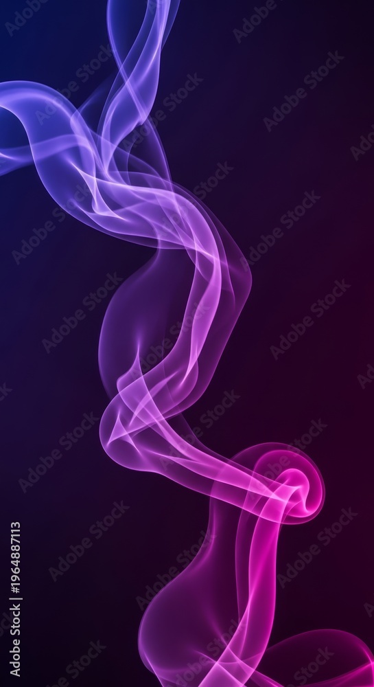 Obraz premium A fluid motion of soft violet and magenta vapor swirls gracefully across a dark background, showcasing vibrant neon light and gradients, bright, composition, ethereal