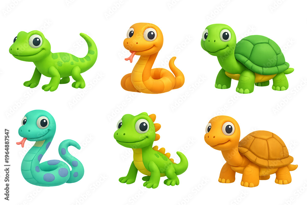 Obraz premium Png set of colorful cartoon reptiles including snakes, turtles, and lizards isolated on transparent background. concept of playful reptile characters, kids animal illustration, cute wildlife.