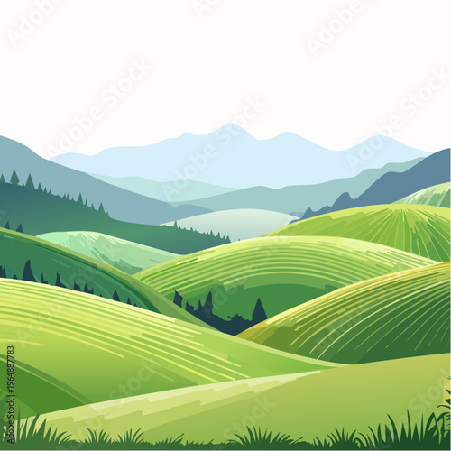 Vast picturesque landscape illustration with undulating green fields and distant serene mountain ranges under a clear tranquil sky