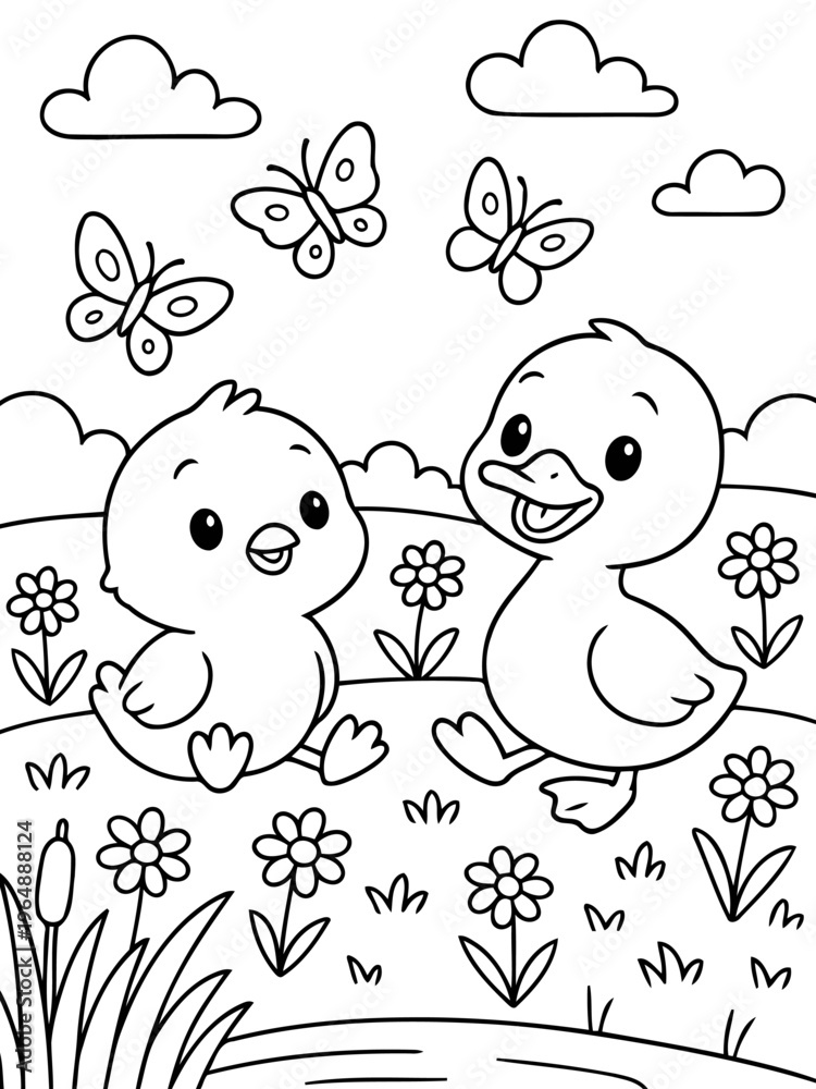 Fototapeta premium Whimsical Ducklings: Two adorable ducklings frolic in a vibrant garden amidst butterflies, plants, and clouds, a scene filled with cheerfulness and childlike wonder.