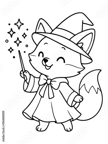 Whimsical Fox Wizard: A charming, outlined illustration of a fox, dressed in a wizard's attire, joyfully waving a magic wand amid twinkling stars.