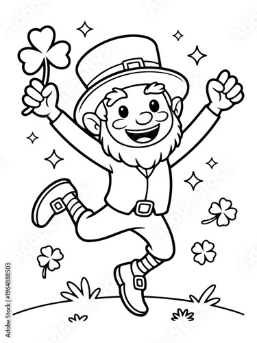 Leprechaun's Delight: A jovial leprechaun, radiating happiness and merriment, joyfully leaps with a four-leaf clover, a symbol of good luck and fortune, inviting viewers into the festive spirit. 