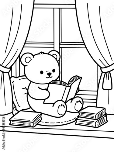 Cozy Teddy Reads: A charming cartoon-style teddy bear, nestled on a windowsill, absorbed in the pages of a book, accompanied by a stack of bound knowledge.