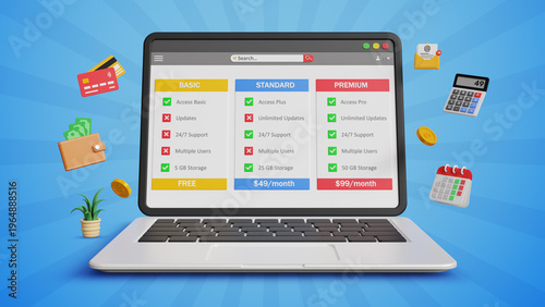 Foto Pricing Plans, Plan Comparison, Recurring Billing, Customer Purchasing Plans, Membership Choices, Secure Payments, User Sign Up, SaaS Concept