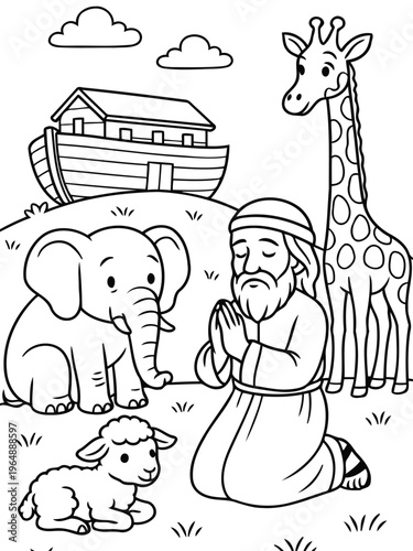 Noah's Ark and the Animal Kingdom: A simple depiction of a biblical scene with Noah, animals, and the ark, rendered in a charming cartoon style. 