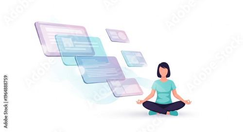 A woman meditates cross-legged with floating digital screens around her in a serene setting