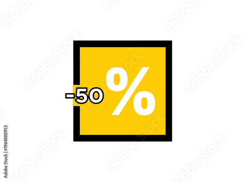 Percentage discount symbol with a large yellow square and black border, featuring the number -50