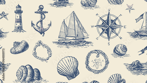 A seamless vector tropical summer pattern featuring a large-scale nautical design with various sea shells, a lighthouse, sailboat, anchor, and compass on a cream background.