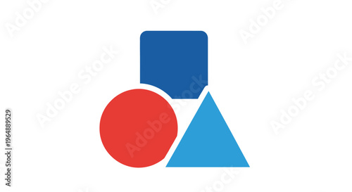 Geometric shapes in primary colors.