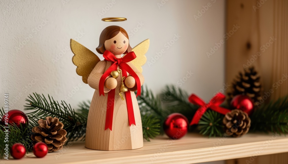 Obraz premium Festive Angelic Embellishments: A handcrafted wooden angel figurine stands gracefully amidst holiday decorations, embodying peace and festive cheer with angelic presence.