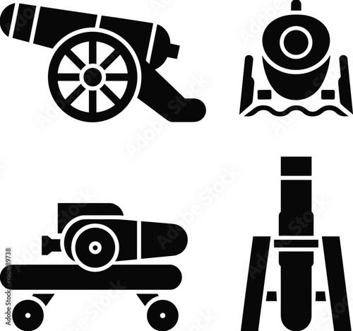 Cannon silhouette icons, mortar artillery weapons, naval cannon design, military vector illustration, black war symbol collection, historic and modern armament