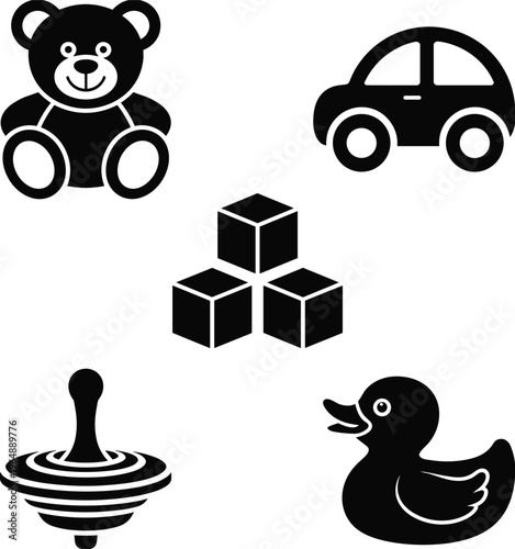Children toy silhouettes, teddy bear, toy car, spinning top, rubber duck, stacked cubes, vintage playtime icons, childhood nostalgia, classic toys