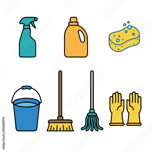 A collection of colorful cleaning supplies on a white background