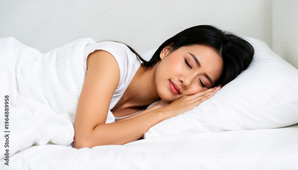 Obraz premium Dreaming in Serenity: A peaceful scene of a young person in slumber, embraced by the soft comfort of a bed and bedding. Capturing the tranquility of rest and the quiet of a calm morning.