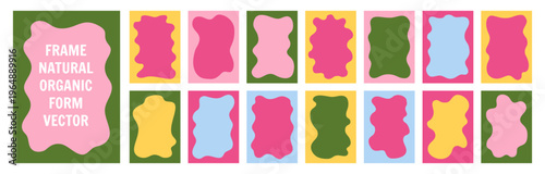 Frame puddle of water, liquid shapes frames modern color set. Fluid puddles splashes, drops blobs stains wavy border framework. Smooth organic forms blotches, soft spills drips shapes text backgrounds