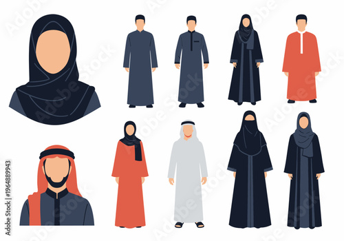 Set of Muslim Character Avatars in Traditional Islamic Clothing: Hijab, Niqab, Thobe, and Abaya Flat Vector Illustration