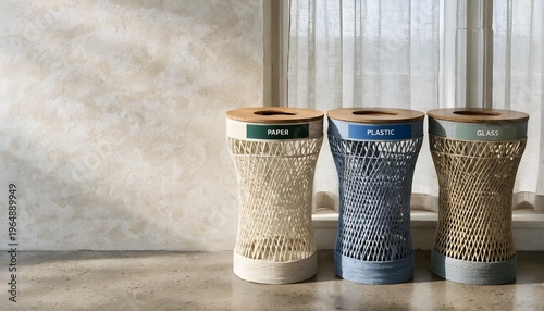 Modern Aesthetic Recycling Bins for Paper Plastic and Glass Sorting with Woven Texture and Wooden Lids in Bright Interior Space