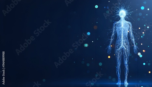 Digital Human Nervous System Illustration with Glowing Blue Energy and Particles for Artificial Intelligence and Future Technology Concept