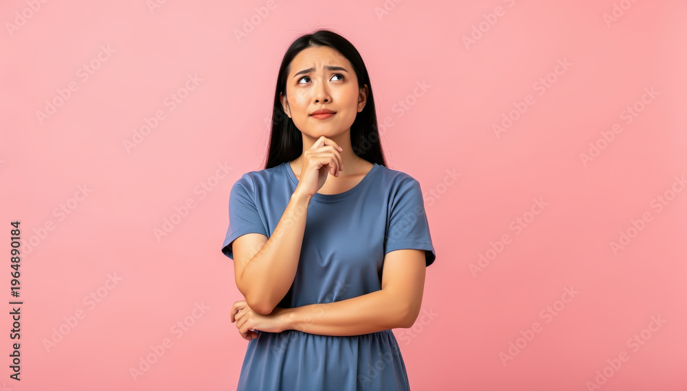 Fototapeta premium Contemplative Woman's Pondering: An Asian woman, captured in a studio setting, is deep in thought, her expression hinting at a complex issue or challenging decision.