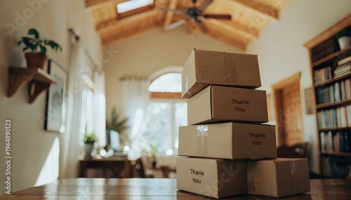 Stack of Cardboard Shipping Boxes with Thank You Message in Warm Home Office Setting