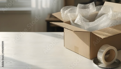 Open Cardboard Box with Bubble Wrap and Tape on White Table with Copy Space