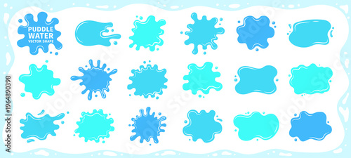 Blue water splatters, soft spills, drips and decorative abstract shapes, flat liquid collection. Liquid shapes and frames wavy edges set. Fluid puddles, splashes, drops, stains rounded organic forms