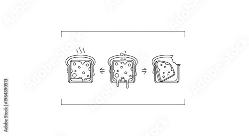 Minimalist graphic depicting the appetizing stages of cheese toast preparation and enjoyment