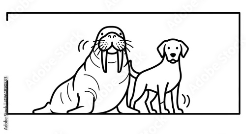 Minimalist black and white line art depicting a friendly walrus and a curious dog interacting