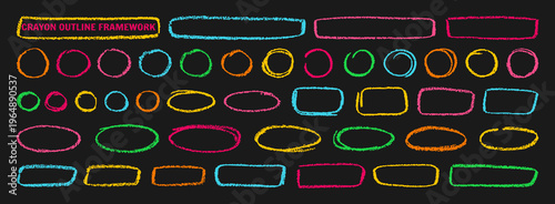 Crayon outline ovals, circles and ellipses set. Pencil hand drawn emphasis elements freehand line art frames. Doodle style chalk sketches rough thin borders round shapes highlights grunge effect frame