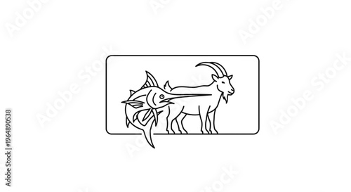 Striking line art depiction of a swordfish and a goat emblem, merging aquatic and terrestrial