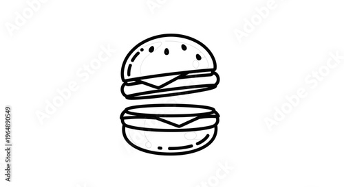 Clean line art hamburger icon with separated bun and patty layers on a stark white canvas a