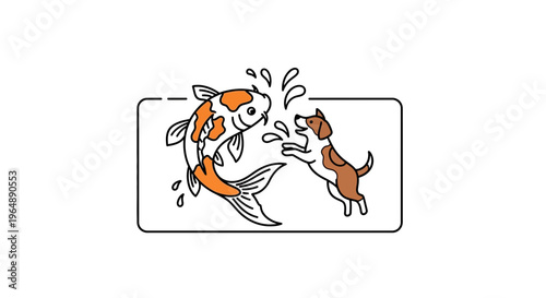 Vibrant and whimsical illustration of a curious dog playing with a splashing koi fish