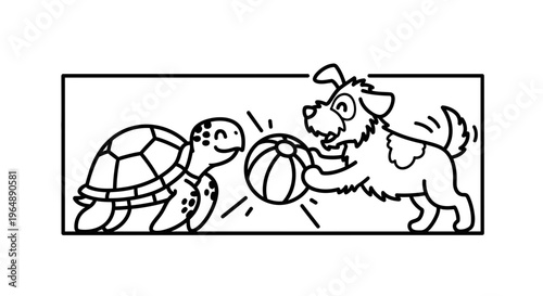 A delightful cartoon of a cheerful turtle and an excited dog playing with a striped beach ball