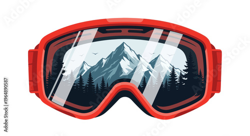 Ski Goggles Reflecting Mountain Landscape with Snow and Trees