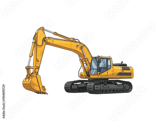 Yellow excavator on white background, a heavy-duty construction machine with a powerful digging arm and bucket, perfect for industrial projects and large-scale earthmoving operations