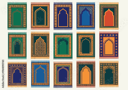 Set of Islamic Prayer Rugs with Traditional Geometric Patterns and Mihrab Arch Designs. Colorful Sajjada Mats Collection for Ramadan and Eid Celebrations.