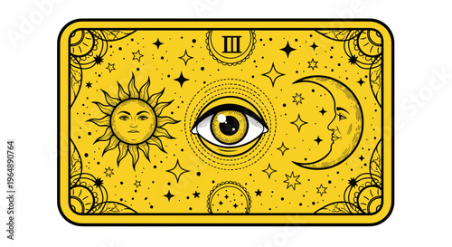 Mystical Tarot Card: Sun, Moon, and All-Seeing Eye on Yellow Background