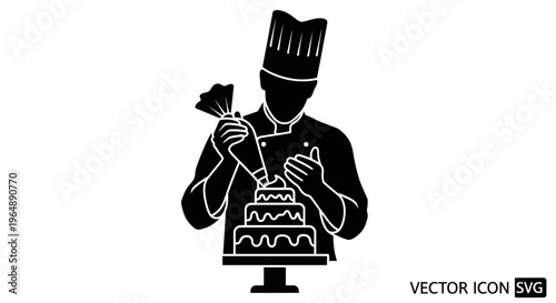 Pastry Chef Decorating Multi-Tier Cake with Piping Bag - Silhouette Icon