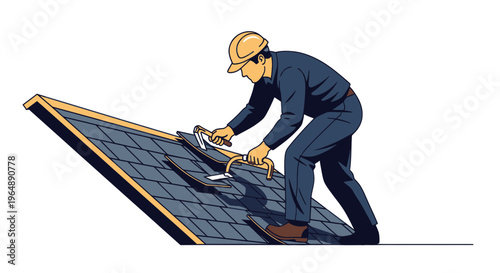 Roofer Installing Shingles on a Sloping Roof with Tools