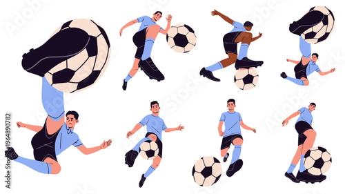 Flat vector illustration set of soccer players performing different actions with a ball. Ideal for sports apps, football training guides, youth coaching materials, and active lifestyle designs.